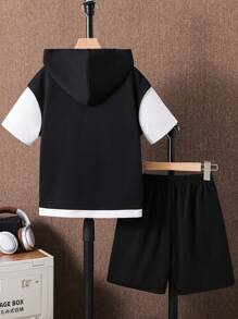 Tween Boys 2 In 1 Color Block Hooded T-Shirt And Shorts Black And White Summer Casual City Break Kids Outfits Toddler Boy Back To School Set,Spring - Black - View 2