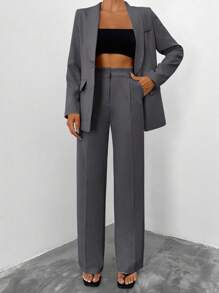 EURMUSE Women's Solid Color Blazer & Pants Suit Set - Dark Grey - View 1