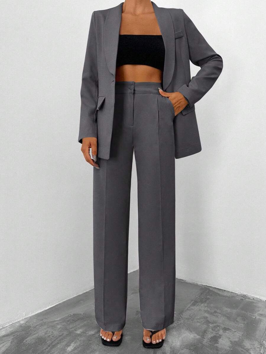 EURMUSE Women's Solid Color Blazer & Pants Suit Set - Dark Grey - View 1