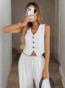SHEIN LUNE Boho Women Clothing Spring Break Tops Women's Organic Cotton White Tank Top & Vest, Spring