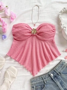 Soleia 金属花朵装饰白色针织女式背心，适合海滩、度假和约会 - 粉色 - 查看 3