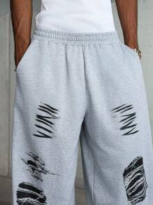 PAVTROS 男士宽松图案印花运动裤，街头风格图案运动裤超大号运动裤宽松灰色运动裤男士补丁运动裤灰色运动裤，宽松裤 - 淺灰色 - 查看 6