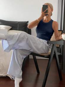 DAZY 2 件套女士休闲纯色吊带背心和条纹图案宽松睡裤套装，舒适睡衣 - 藏蓝色 - 查看 3