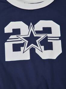 青少年女孩休闲数字印花长袖上衣，适合返校季、春秋季节 - 藍色 - 查看 4