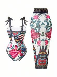 Swim Oasis Women Printed One Piece Swimsuit And Mesh Maxi Skirt, Beach Resort Holiday Style, Summer - Multicolor - View 2