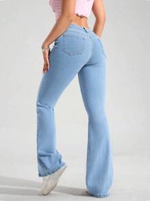 SHEIN PETITE Women's Casual Washed Fitted Flared Leg Jeans - Light Wash - View 2