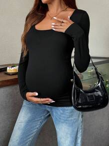 SHEIN Maternity Plain Round Neck Long Sleeve Casual Slim Fit T-Shirt - Black - View 2