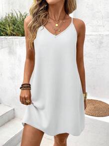 SHEIN LUNE 女士休闲纯色无袖吊带背心和迷你连衣裙两件套，适合夏季穿着 - 黑與白 - 查看 5