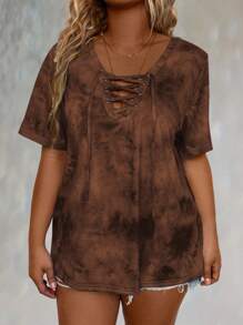 Plus Tie Dye Lace Up Front Tee Graphic Tees Women Tops - Multicolor - View 4