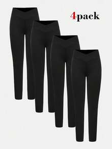 SHEIN Girlism Pacote com 4 leggings pretas para meninas adolescentes, calças de camada de base confortáveis e casuais versáteis, compre 1 e leve 3 - Preto - Ver 1