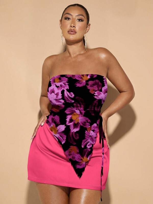SHEIN BAE Plus Size Women Floral Print Bandeau Tank Top, Suitable For Summer
