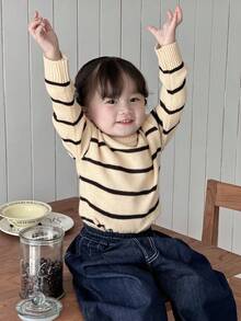 DAZY 女婴休闲条纹落肩毛衣，日常穿着 - 米色 - 查看 3