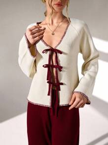 CLARA VERO Elegant V Neck Contrast Color Bow Tie Front Flare Sleeve Sheperd Hand Made Stitched Cardigan Tie Front Sweater,Cardigans For Women,Long Cardigans Woman,Petite Cardigans,Cardigans - Apricot - View 6