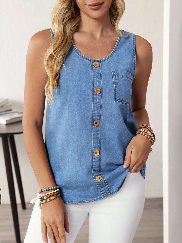 EMERY ROSE Women's Casual Crew Neck Sleeveless Button Design Denim Blouse