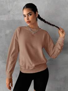 EURMUSE Cotton Solid Drop Shoulder Sweatshirt - Mocha Brown - View 3