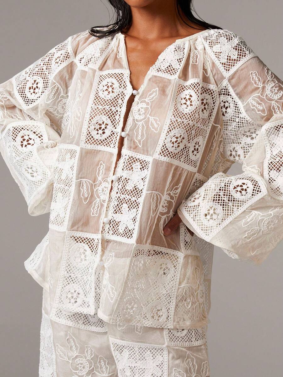 Athîral 女士透视拼布效果衬衫，度假新娘装 - 杏色 - 查看 1