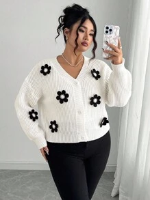 Elenzga Áo len cardigan tay dài cổ chữ V họa tiết hoa Pháp cỡ lớn màu trắng, ngọt ngào và sang trọng, mùa xuân/thu - trắng - Xem 7