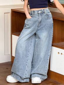SHEIN 少女秋冬Y2K复古都市街头酷炫风做旧基础款韩版水洗蓝牛仔阔腿宽松牛仔裤，适合返校、返校节、秋冬、街头风、夜间外出、圣诞节等场合。 - 淺色水洗藍 - 查看 4