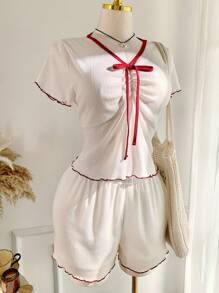 SHEIN EZwear 大码夏季度假休闲针织短袖T恤和短裤两件套 - 白色 - 查看 5