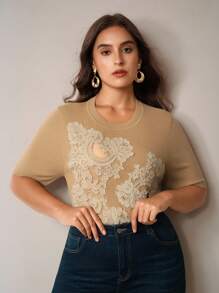 Anewsta 女士优雅刺绣蕾丝拼布镂空百搭T恤针织毛衣