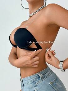 SHEIN Knitted Fabric Sticky Push Up Bra With Invisible Straps For Casual Outfits - Black - View 4