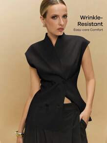 Poéselle Women's Elegant Commuting Solid Color Double-Breasted Thin Blazer In Fall/Winter - Black - View 7