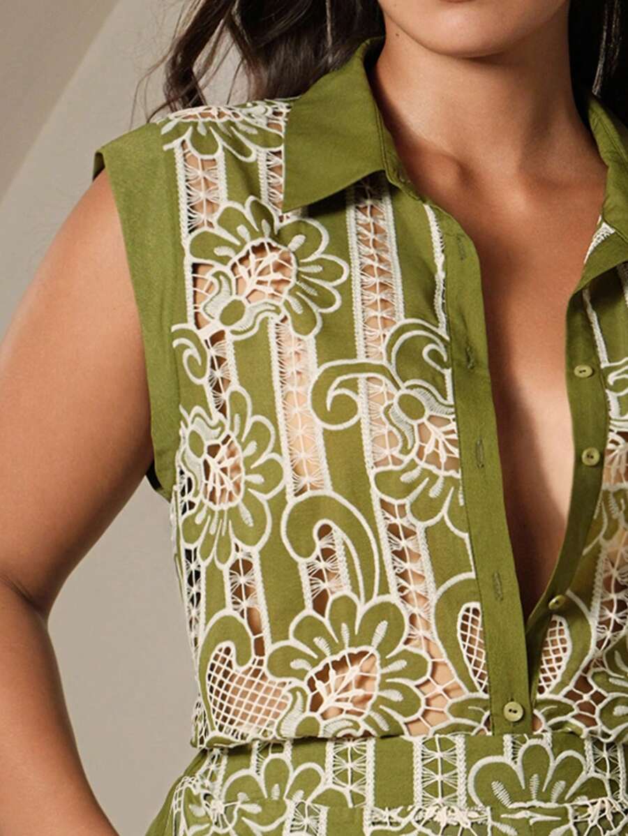 Anewsta Luxury Retro Floral Embroidered Women 2-Piece Set - Green - View 1