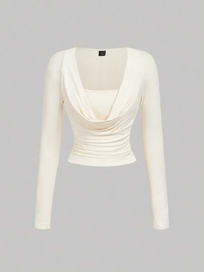 SHEIN MOD Draped Neck Fitted Pleated Apricot Elegant Long Sleeve T-Shirt,Teacher For Women,Business Casual Woman,Country Concert,Goth,Going Out Tops,Western Wear Women,Old Money Style Women,Brunch For Women,Old Money,Basic Tops, Cream Top, Draped Top, Ivory Top, Long Sleeve Top,Elegant Women's Solid Long Sleeve Drape Neck Ruched Fitted Top Perfect For Casual And Party Wear