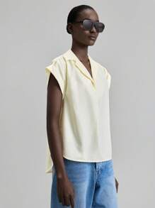 Ontre 2025 Nouvelle blouse à manches courtes boutonnée minimaliste de couleur unie, convenant pour les vêtements d'automne pour femmes, la fête de l'indépendance américaine, les uniformes scolaires, le style des années 2000 pour femmes, les femmes de la campagne, les enseignantes, les fêtes - Jaune citron - Voir 5