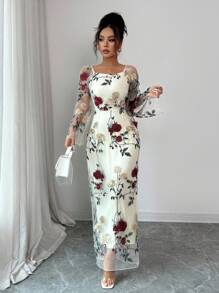 Elenzga Women's Square Neck Sheer Floral Embroidered Elegant Dress, Suitable For Gatherings And Formal Occasions, Spring/Summer Resort Wear (Random Embroidery) Fall Cloth For Women