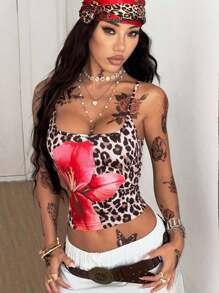 Coolane 女士夏季演唱会狂欢节外出街头服饰 Y2K 豹纹花卉吊带背心