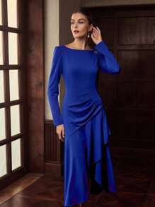 ZEYLAH Round Neck Waisted Metal Decor Maxi Elegant Dress - Blue - View 4