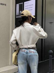 Muchica 女式米色翻领双排扣短款休闲风衣 - 杏色 - 查看 2