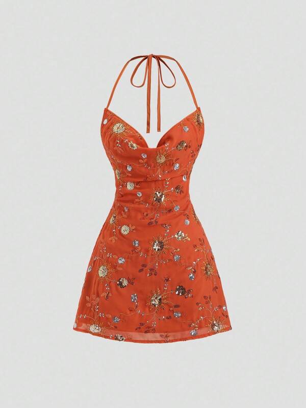 Sweetra Sexy Backless Sequins Embroidery Turtleneck Ruffled Dress