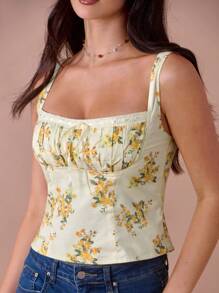 Enchnt 夏季浪漫女士奶油黄色花卉印花系带前褶皱方领吊带背心上衣，休闲舒适，适合生日、节日派对、甜蜜约会、日常通勤、度假和婚礼季节必备，夏季百搭女士，音乐会女士 - 黃色 - 查看 7