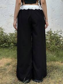 SHEIN Teen Girls' Relaxed Casual Solid Color Splicing Lace Trim Decor Loose Pants