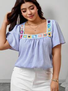 Elenzga Plus Size Summer New Floral Patchwork French Square Collar Pullover Sweater For Women, Fashion Chic Striped Short Sleeve T-Shirt For Women, Fashionable Unique Summer Baggy Smock Top Blouse For Plus Size Figure