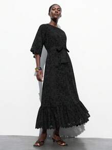 Maija 女士刺绣镂空腰系带长袖连衣裙，宽松夏季度假连衣裙，休闲风 - 黑色 - 查看 4