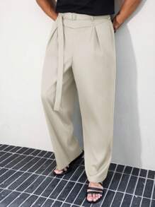 Manfinity Roghcode 男士黑色高腰百褶阔腿裤带腰部装饰配件，时尚百搭高腰裤阔腿裤百褶裤奶油色裤子宽松裤秋季 - 米色 - 查看 3