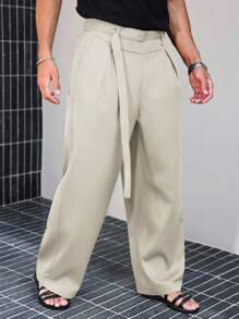 Manfinity Roghcode 男士黑色高腰百褶阔腿裤带腰部装饰配件，时尚百搭高腰裤阔腿裤百褶裤奶油色裤子宽松裤秋季 - 米色 - 查看 7