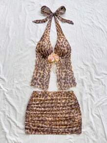 SHEIN x Eduarda Gutierrez Soleia Multicolor Animal Print Two-Piece Outfit With Halter Top And Ruched Skirt Leopard Print Two Piece Leopard Skirt Set - Multicolor - View 3