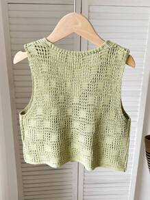 SHEIN Tween Girl Casual Versatile Knit Geometric Jacquard Bow Decor Short Sleeve Cardigan, Lime Green, Suitable For All Seasons, Girls Green Crop Top, Tween Girls Crop Vest, Crochet Crop Top, Green Knit Vest, Girls Tie Front Vest,In Fall/Winter