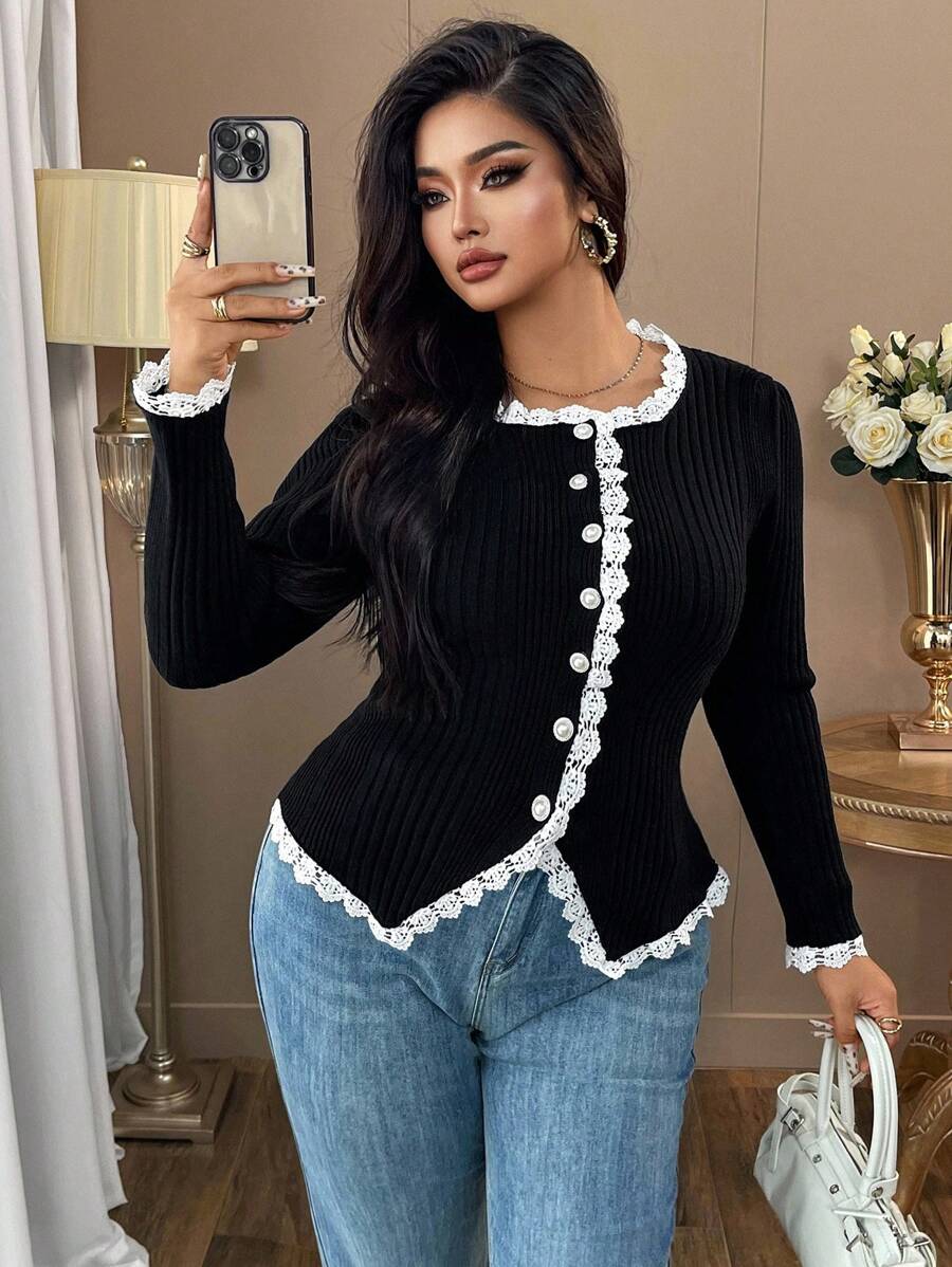 Elenzga Cárdigan elegante de manga larga con adornos de encaje y perlas falsas, y ribete contrastante, talla grande - Negro - Ver 1