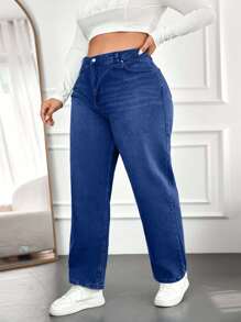 EURMUSE 100%纯棉高腰直筒牛仔裤 - 中等水洗藍 - 查看 3