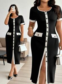 Easura Vestido casual elegante de señora urbana estilo francés, dulce y sexy para talla grande, con manga corta y ajustado. Nuevo vestido de vacaciones de punto con bloque de color, cuello redondo y botones, efecto patchwork