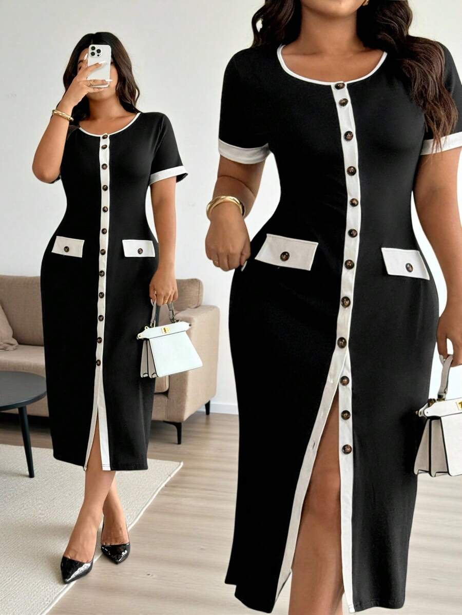 Easura Vestido casual elegante de señora urbana estilo francés, dulce y sexy para talla grande, con manga corta y ajustado. Nuevo vestido de vacaciones de punto con bloque de color, cuello redondo y botones, efecto patchwork