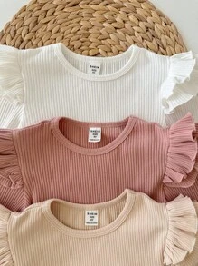 SHEIN 女婴时尚可爱精致小飞袖荷叶边家居三件套休闲纯色针织长袖上衣，多色时尚百搭秋冬款，柔软面料呵护宝宝娇嫩肌肤，是妈妈们的首选。买二送一！女婴时尚长袖上衣，女婴荷叶袖上衣，女婴长袖衬衫，幼儿荷叶袖上衣，新生儿女婴长袖衬衫，女婴罗纹上衣，秋季款 - 彩色 - 查看 5