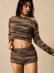 Easelle Women's Chic Fuzzy Knit Two Piece Set,Autumn Brunch Asymmetrical Shoulder Long Sleeve Crop Top And Shorts,All Shades Of Brown Sweater Set - Multicolor - View 7