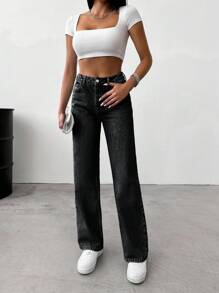 SHEIN Cottnline 100%Cotton Women's Vintage Washed Straight Leg Jeans - Black - View 3