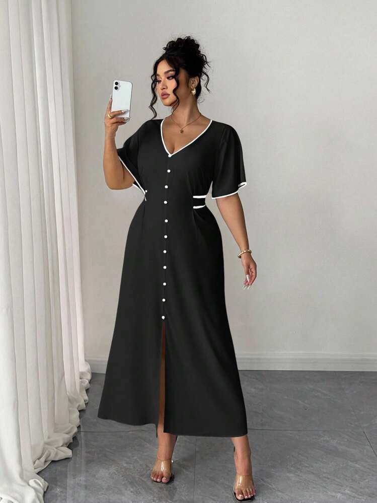 Elenzga Plus Size Women's Elegant Lady Fashion Versatile Casual V-Neck Front Button Cinched Waist Color Block Midi Dress - Black - View 4